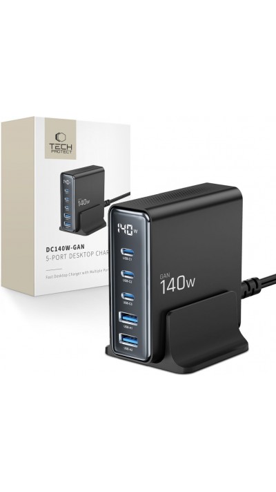 Tech-Protect DC140W-GAN Station de charge multiport avec 5 ports 3x PD USB-C et 2x QC 3.0 USB-A - Noir