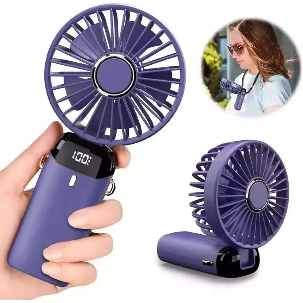 Mini tragbarer wiederaufladbarer LED-Lüfter mit digitalem Display 90° Drehung 5 Geschwindigkeiten leise - Blau