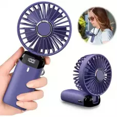 Mini tragbarer wiederaufladbarer LED-Lüfter mit digitalem Display 90° Drehung 5 Geschwindigkeiten leise - Blau