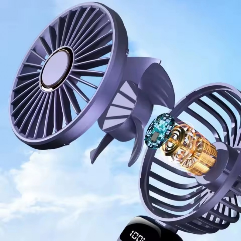 Ventilateur Fan mini portable rechargeable LED avec &eacute;cran num&eacute;rique rotation 90&deg; 5 vitesses silencieuses - Bleu