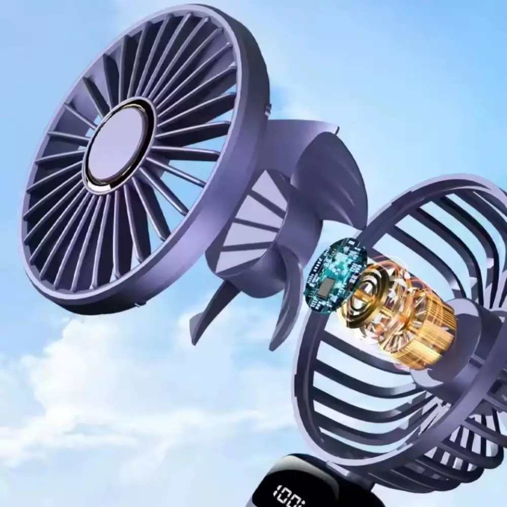 Mini tragbarer wiederaufladbarer LED-Lüfter mit digitalem Display 90° Drehung 5 Geschwindigkeiten leise - Blau
