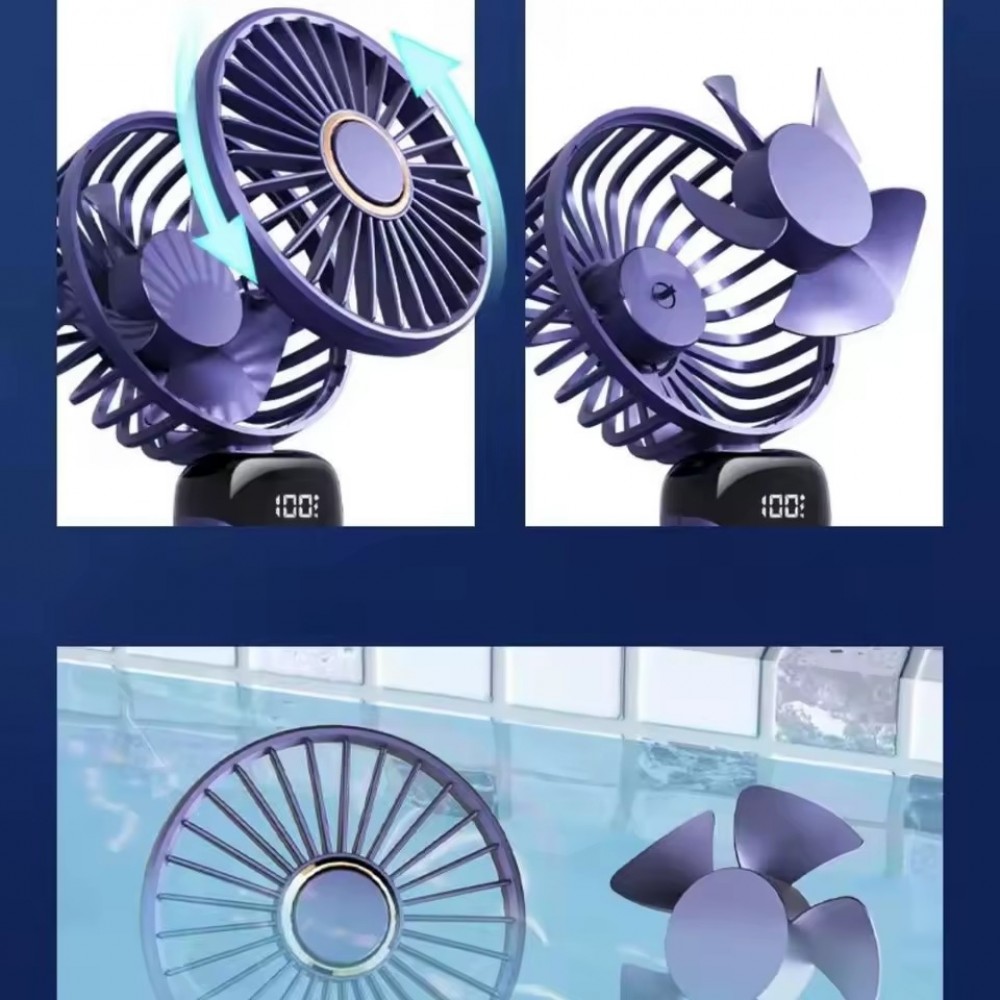 Ventilateur Fan mini portable rechargeable LED avec &eacute;cran num&eacute;rique rotation 90&deg; 5 vitesses silencieuses - Bleu