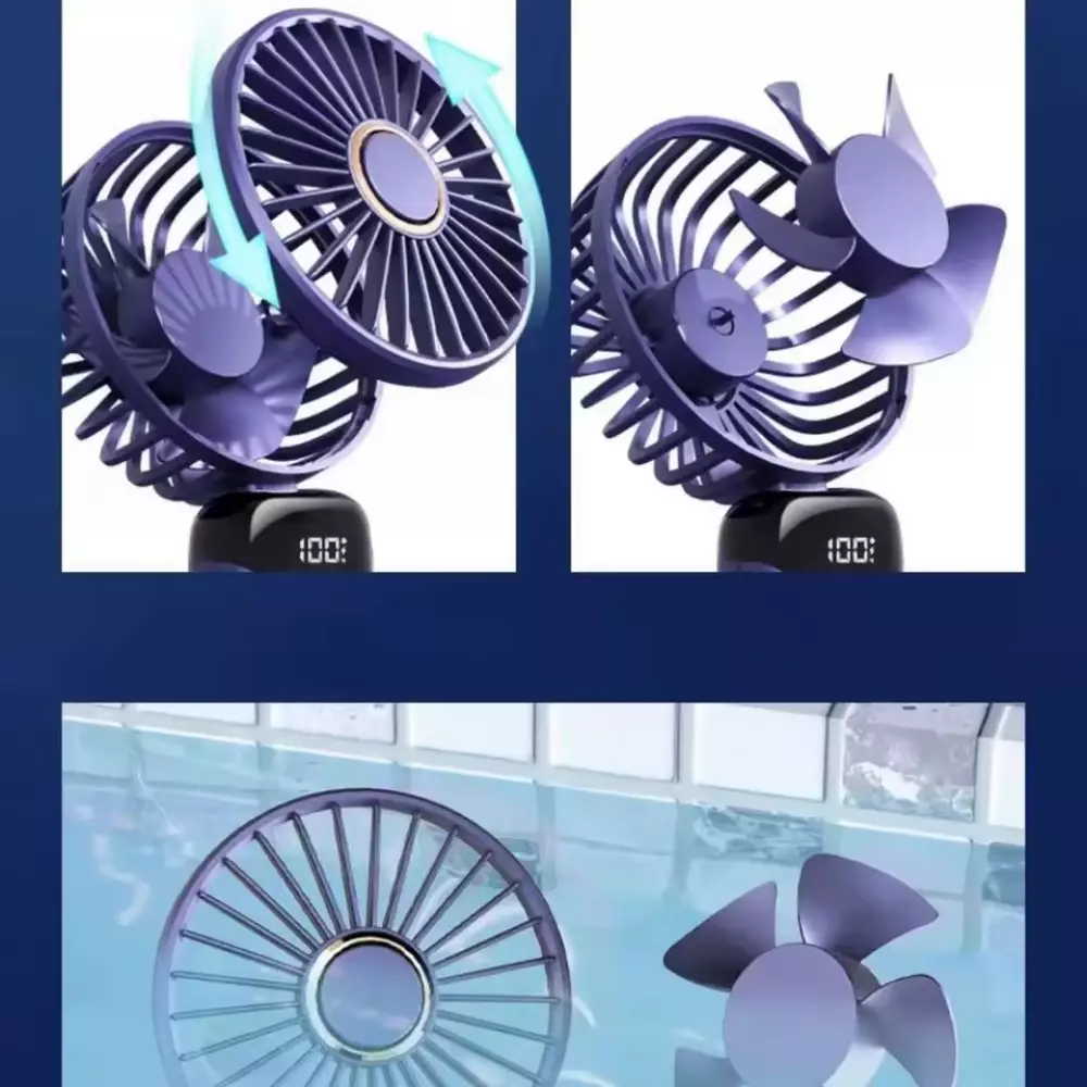 Mini tragbarer wiederaufladbarer LED-Lüfter mit digitalem Display 90° Drehung 5 Geschwindigkeiten leise - Blau