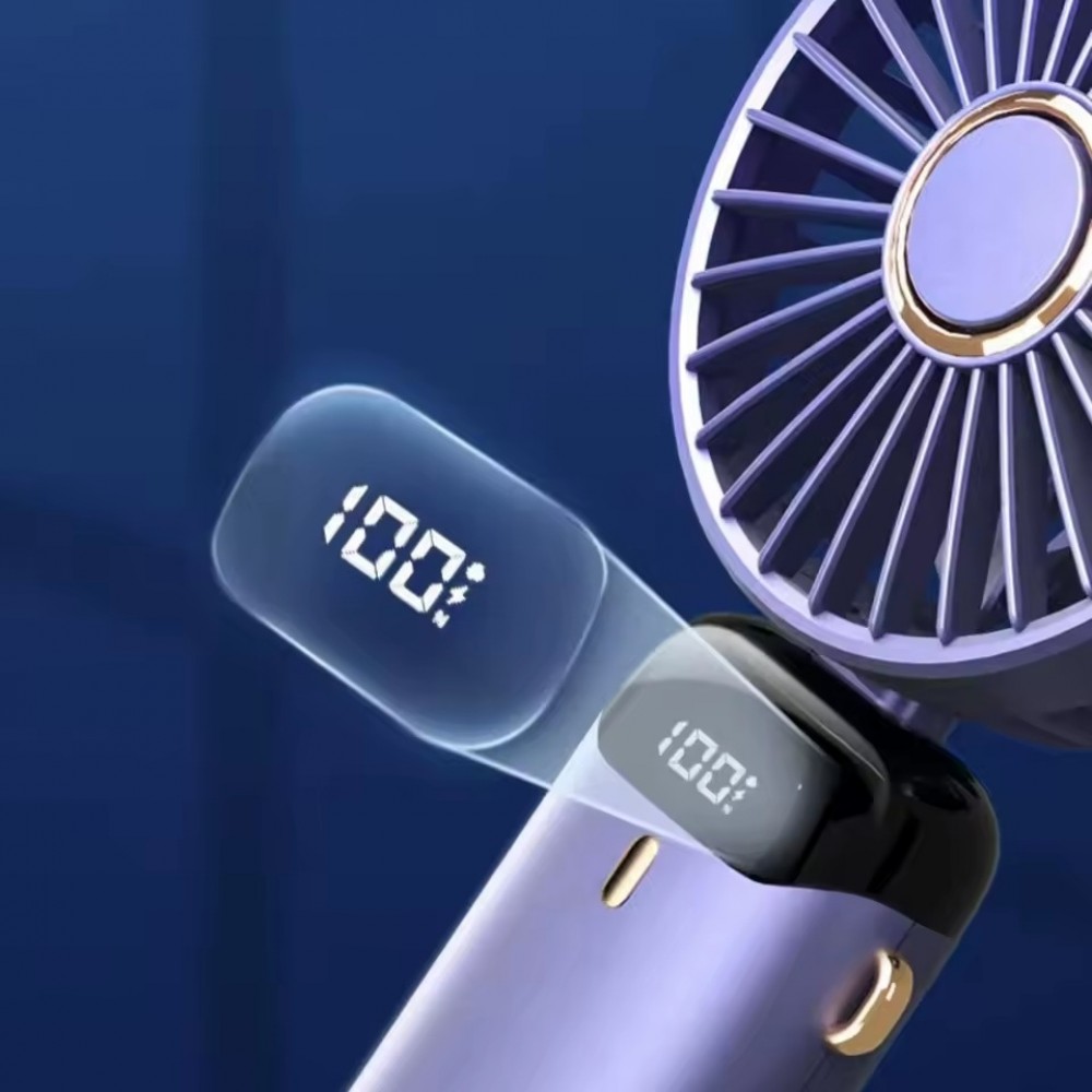 Ventilateur Fan mini portable rechargeable LED avec &eacute;cran num&eacute;rique rotation 90&deg; 5 vitesses silencieuses - Bleu