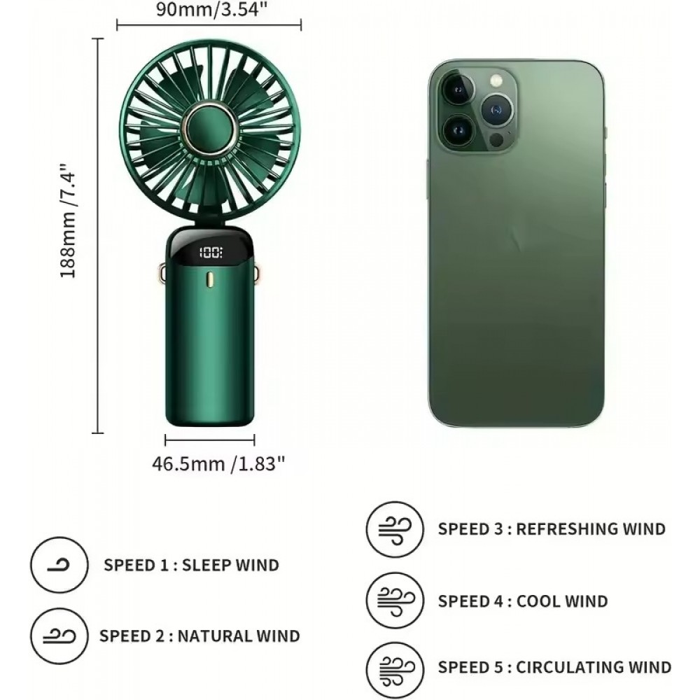 Ventilateur Fan mini portable rechargeable LED avec &eacute;cran num&eacute;rique rotation 90&deg; 5 vitesses silencieuses - Bleu