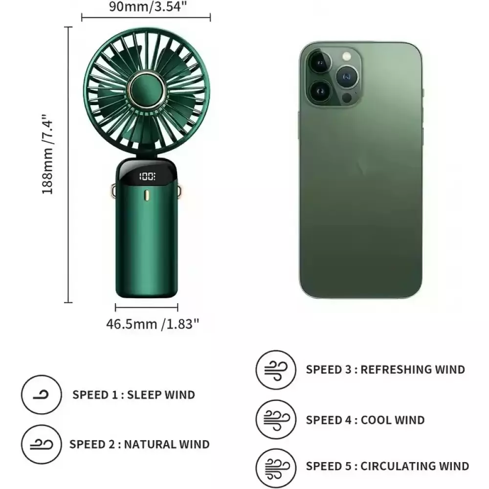 Mini tragbarer wiederaufladbarer LED-Lüfter mit digitalem Display 90° Drehung 5 Geschwindigkeiten leise - Blau