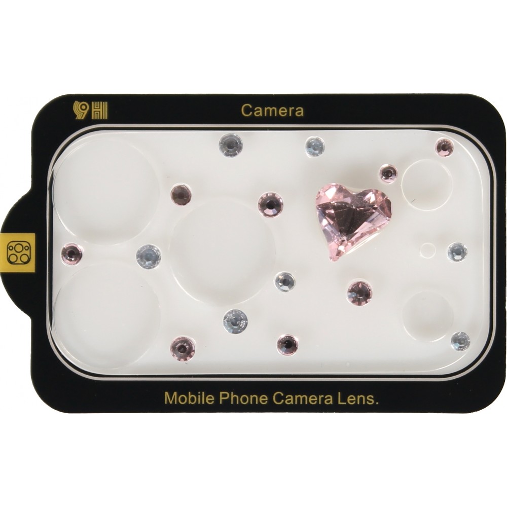 3D Luxus Kamera Schutzglas mit glitzerndem Diamant-Herz Regenbogen-Effekt - Rosa - iPhone 17 Pro Max