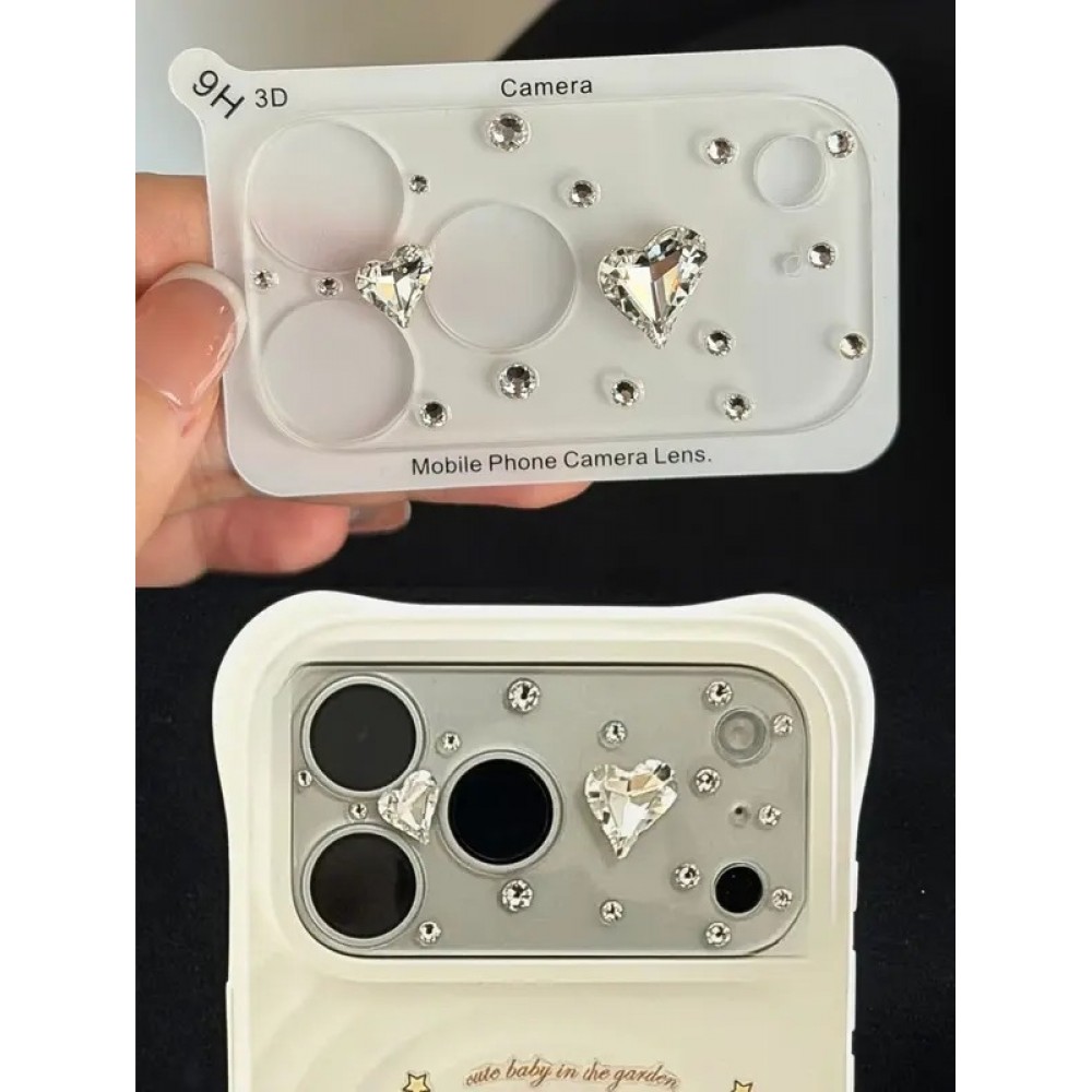 3D Luxus Kamera Schutzglas mit glitzerndem Diamant-Herz Regenbogen-Effekt - Rosa - iPhone 17 Pro Max