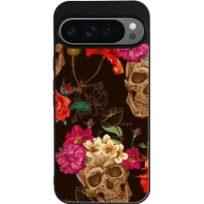 Google Pixel 9 Pro XL Case Hülle - Silikon schwarz Skulls and flowers