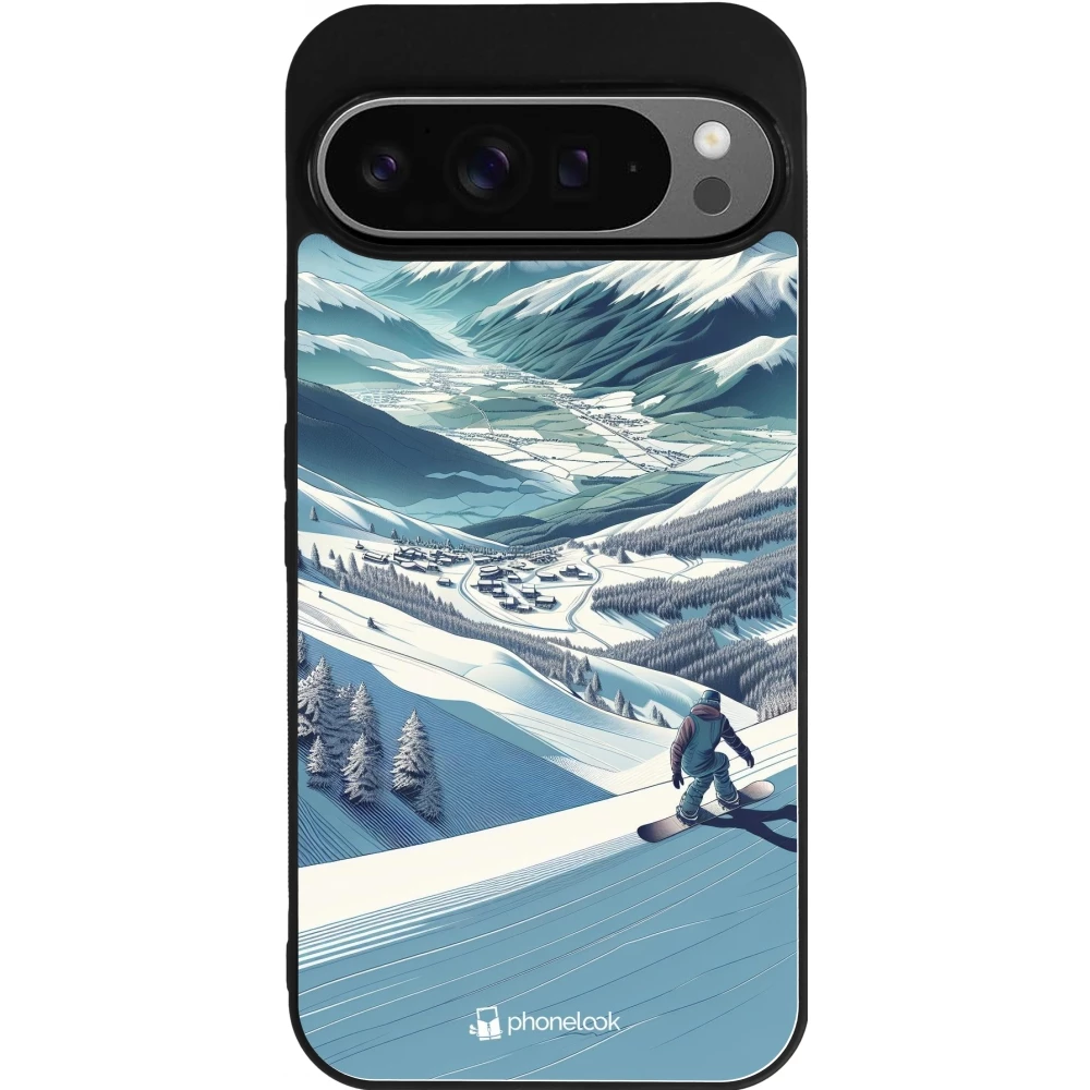 Coque Google Pixel 9 Pro XL - Silicone rigide noir Snowboarder Montagne