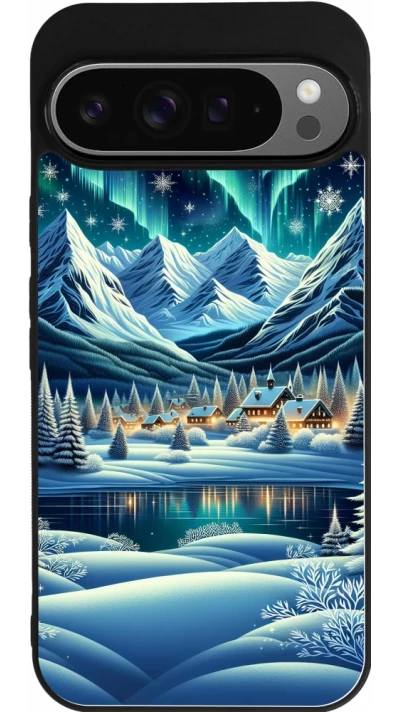 Google Pixel 9 Pro XL Case Hülle - Silikon schwarz Verschneites Bergdorf am See in der Nacht