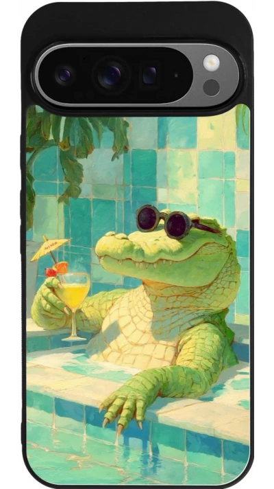 Coque Google Pixel 9 Pro XL - Silicone rigide noir Crocodile in the swimming pool Summer 2026