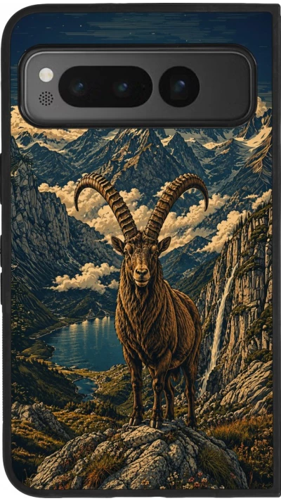 Google Pixel Fold Case Hülle - Silikon schwarz Linocut Steinbock