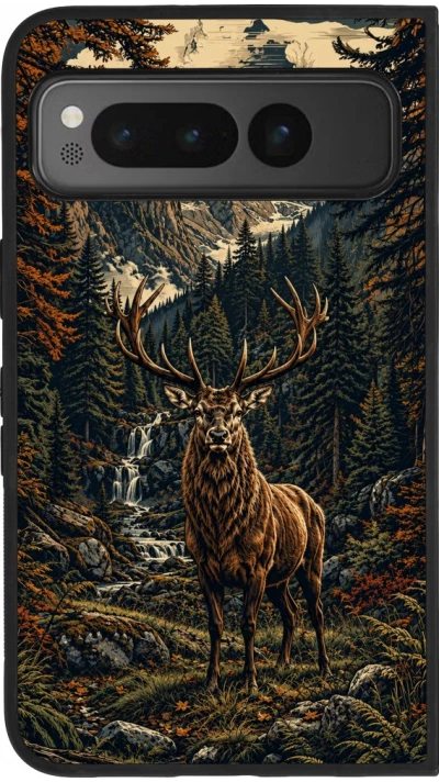 Google Pixel Fold Case Hülle - Silikon schwarz Linocut Reh