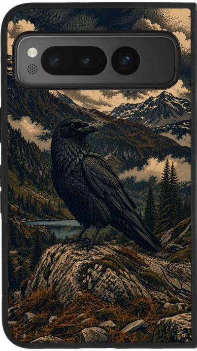 Google Pixel Fold Case Hülle - Silikon schwarz Linocut Grosser Rabe
