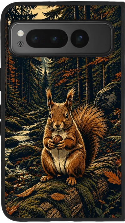 Google Pixel Fold Case Hülle - Silikon schwarz Linocut Eichhörnchen