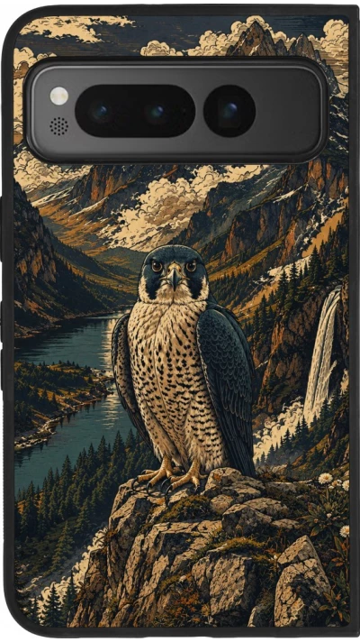 Google Pixel Fold Case Hülle - Silikon schwarz Linocut Wanderfalke