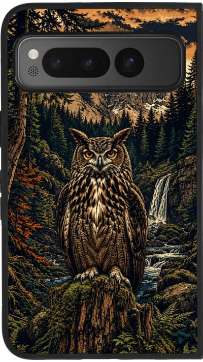 Google Pixel Fold Case Hülle - Silikon schwarz Linocut Uhu