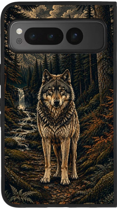 Google Pixel Fold Case Hülle - Silikon schwarz Linocut Wold