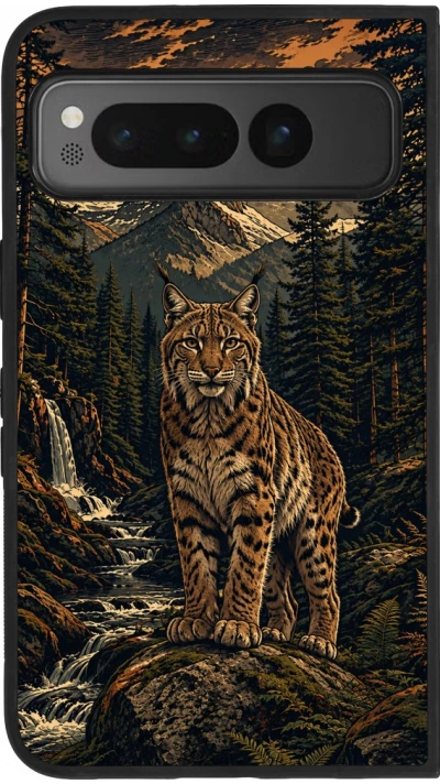 Google Pixel Fold Case Hülle - Silikon schwarz Linocut Luchs