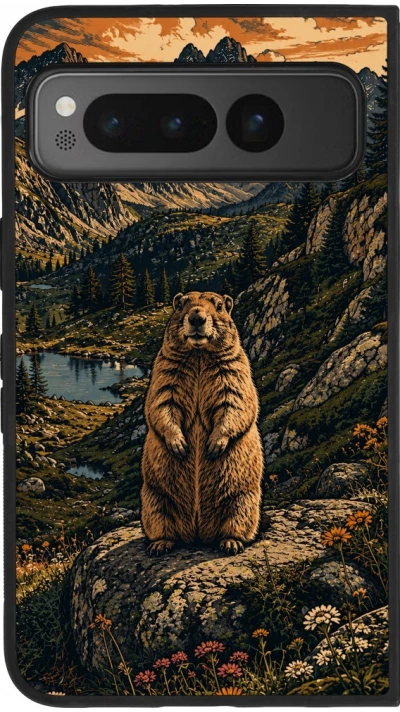 Google Pixel Fold Case Hülle - Silikon schwarz Linocut Murmeltier