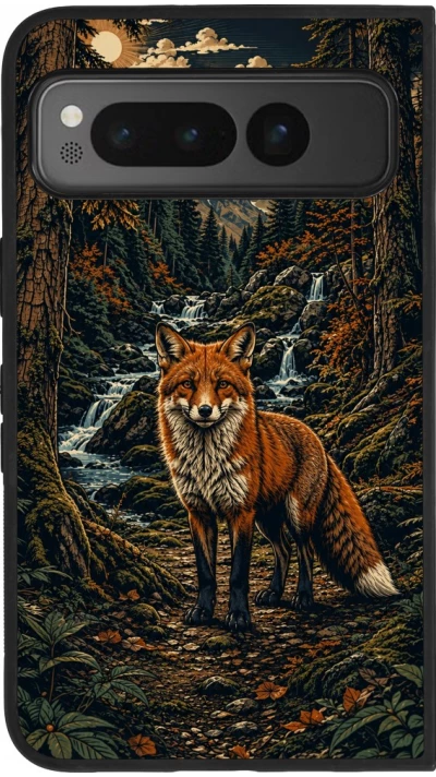 Google Pixel Fold Case Hülle - Silikon schwarz Linocut Fuchs