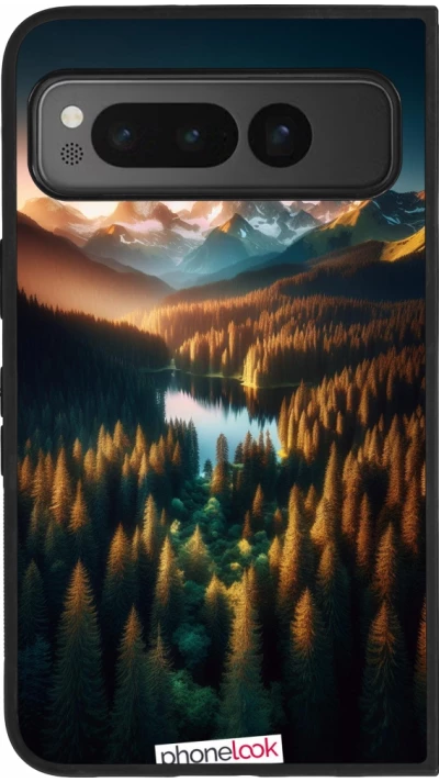 Google Pixel Fold Case Hülle - Silikon schwarz Sonnenuntergang Waldsee