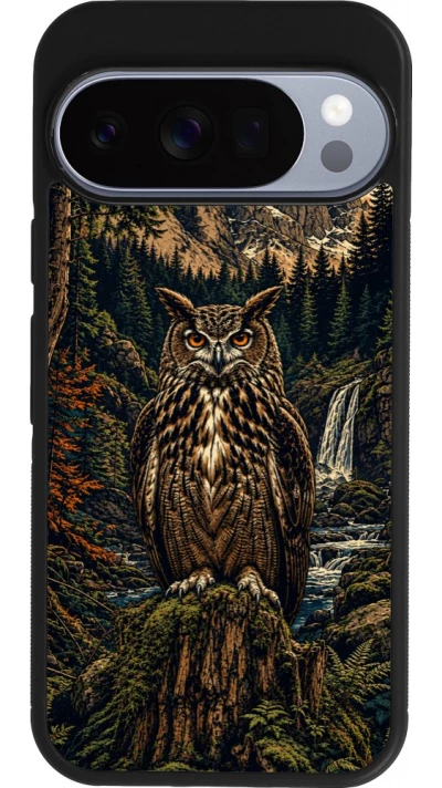 Coque Google Pixel 10 / Pixel 10 Pro - Silicone rigide noir Linocut Grand-Duc