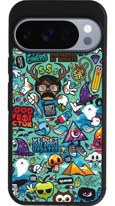Google Pixel 10 / Pixel 10 Pro Case Hülle - Silikon schwarz Mixed Cartoons Turquoise