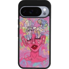 Coque Google Pixel 10 / Pixel 10 Pro - Silicone rigide noir Psychedelic pink mushroom
