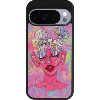 Coque Google Pixel 10 / Pixel 10 Pro - Silicone rigide noir Psychedelic pink mushroom