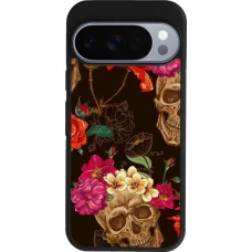 Coque Google Pixel 10 / Pixel 10 Pro - Silicone rigide noir Skulls and flowers