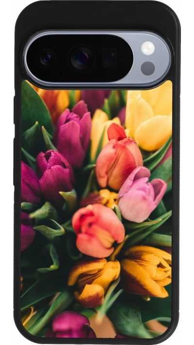 Google Pixel 10 / Pixel 10 Pro Case Hülle - Silikon schwarz Bouquet of tulips Spring 2026