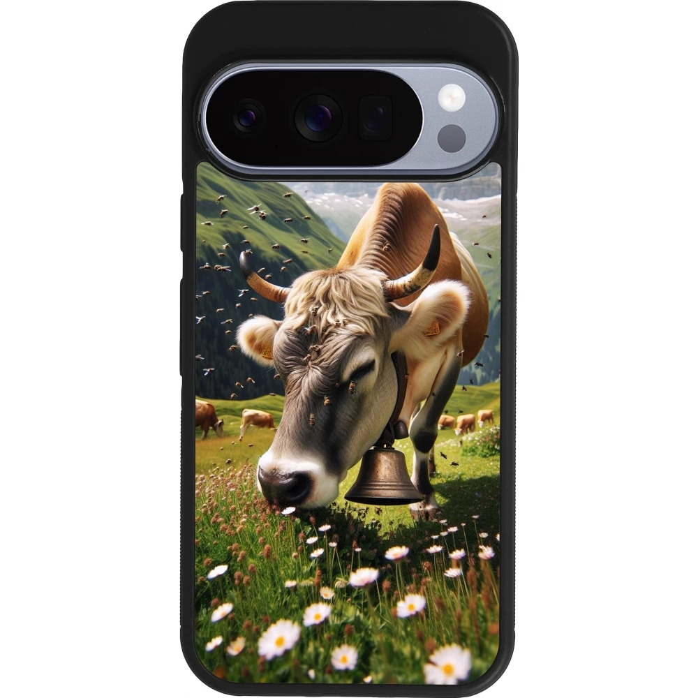Coque Google Pixel 10 / Pixel 10 Pro - Silicone rigide noir Vache montagne Valais