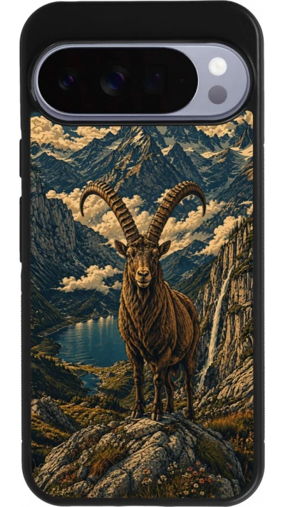 Coque Google Pixel 10 Pro XL - Silicone rigide noir Linocut Bouquetin