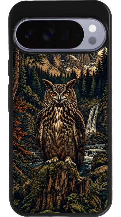 Coque Google Pixel 10 Pro XL - Silicone rigide noir Linocut Grand-Duc