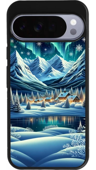 Google Pixel 10 Pro XL Case Hülle - Silikon schwarz Verschneites Bergdorf am See in der Nacht