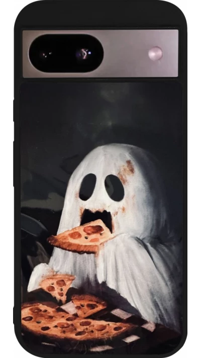 Coque Google Pixel 8a - Silicone rigide noir Halloween 2026 Ghost eating pizza