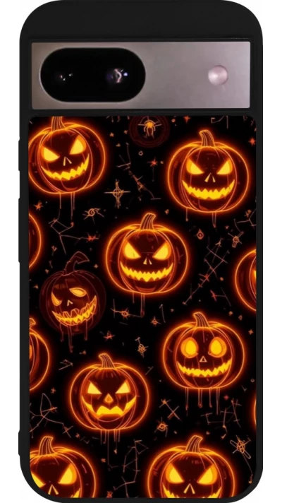 Coque Google Pixel 8a - Silicone rigide noir Halloween 2026 Pattern Pumpkins