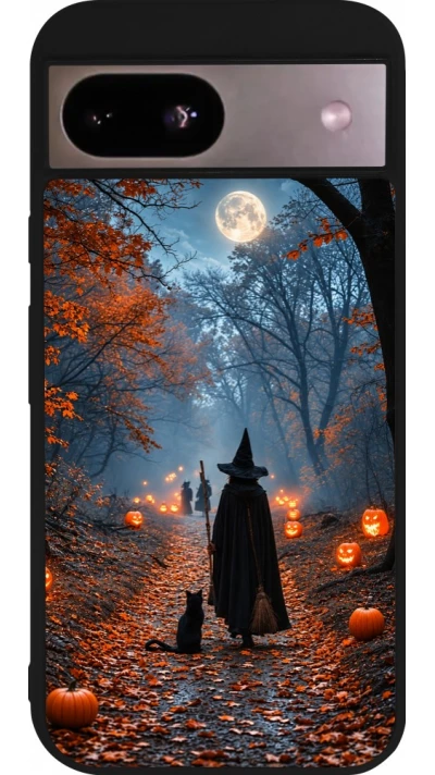 Coque Google Pixel 8a - Silicone rigide noir Halloween 2026 Witch with a cat