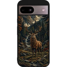 Coque Google Pixel 8a - Silicone rigide noir Linocut Cerf