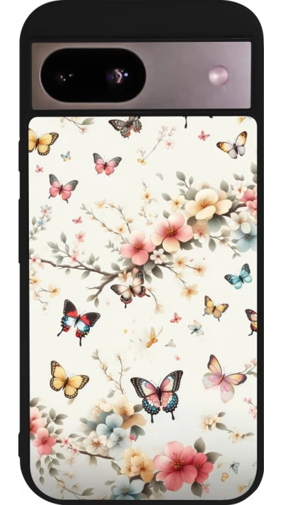 Coque Google Pixel 8a - Silicone rigide noir Spring 25 Papillons Légers