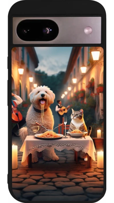Coque Google Pixel 8a - Silicone rigide noir Valentine 2024 Dog & Cat Candlelight