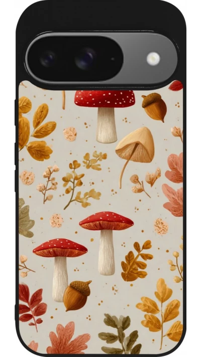 Coque Google Pixel 9 / Pixel 9 Pro - Silicone rigide noir Autumn 26 Mushrooms and leaves