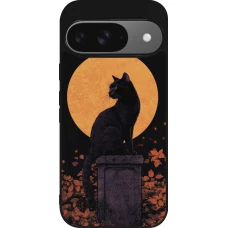 Coque Google Pixel 9 / Pixel 9 Pro - Silicone rigide noir Halloween 2026 Cat Art Nouveau