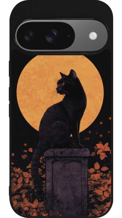 Coque Google Pixel 9 / Pixel 9 Pro - Silicone rigide noir Halloween 2026 Cat Art Nouveau