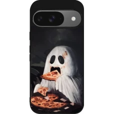 Coque Google Pixel 9 / Pixel 9 Pro - Silicone rigide noir Halloween 2026 Ghost eating pizza