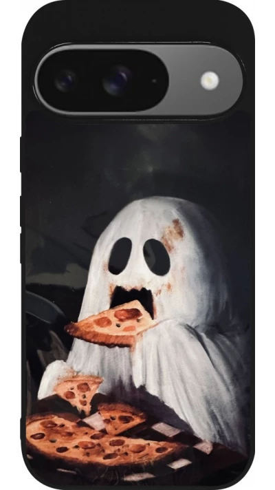 Coque Google Pixel 9 / Pixel 9 Pro - Silicone rigide noir Halloween 2026 Ghost eating pizza