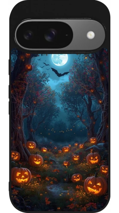 Coque Google Pixel 9 / Pixel 9 Pro - Silicone rigide noir Halloween 2026 Road of Pumpkins