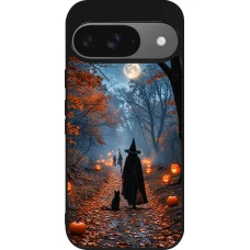 Coque Google Pixel 9 / Pixel 9 Pro - Silicone rigide noir Halloween 2026 Witch with a cat